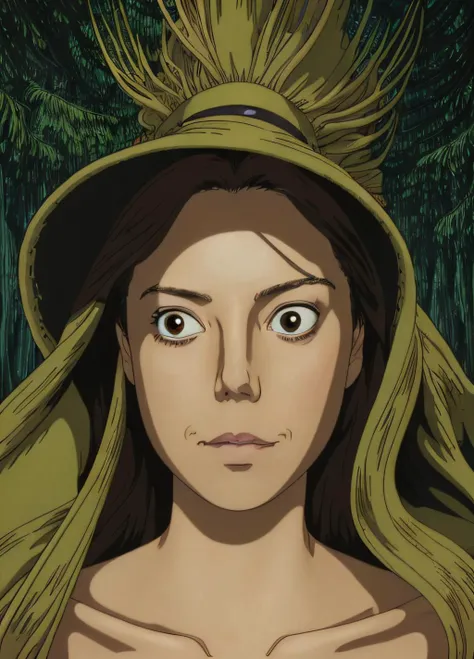 Portrait of a witch, studio ghibli, ghibli style, anime <lora:ghibli_style_offset:1>, solo, alfonso mucha, (bright) <lora:locon_aubrey:1.5>, sks woman, aubrey plaza, dark forest background, close up, creepy, witch hat, eyes wide open