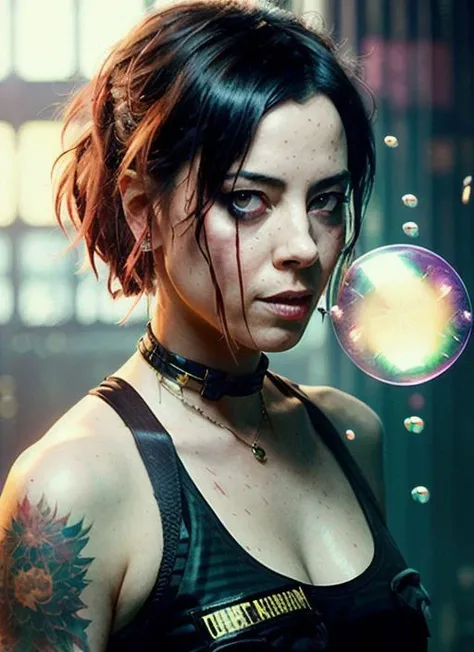 <lora:aubreyPlaza_v1:1>, drunken beautiful sks woman as delirium from sandman, (hallucinating colorful soap bubbles), by jeremy mann, by sandra chevrier, by dave mckean and richard avedon and maciej kuciara, punk rock, tank girl, high detailed, 8k