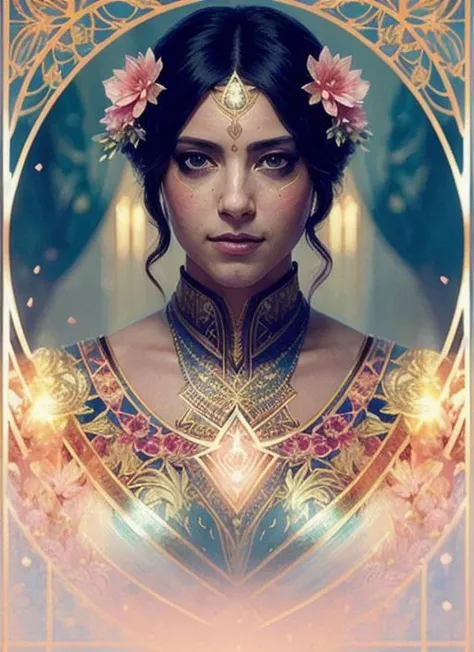 <lora:aubreyPlaza_v1:1>, (symmetry:1.1) (portrait of floral:1.05) sks woman as a beautiful goddess, (assassins creed style:0.8), pink and gold and opal color scheme, beautiful intricate filegrid facepaint, intricate, elegant, highly detailed, digital painting, artstation, concept art, smooth, sharp focus, illustration, art by greg rutkowski and alphonse mucha, 8k