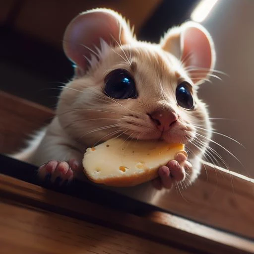 a very cute tiny mouse standing with a piece of cheese, medieval kitchen floor, (LowAngleView-3000), (disney artwork:1.2), (highly detailed eyes), cozy indoor lighting, colorful, artstation, cinematic, character design by mark ryden and pixar and hayao miyazaki, unreal 5, daz, hyperrealistic, octane render, unreal engine, vray,