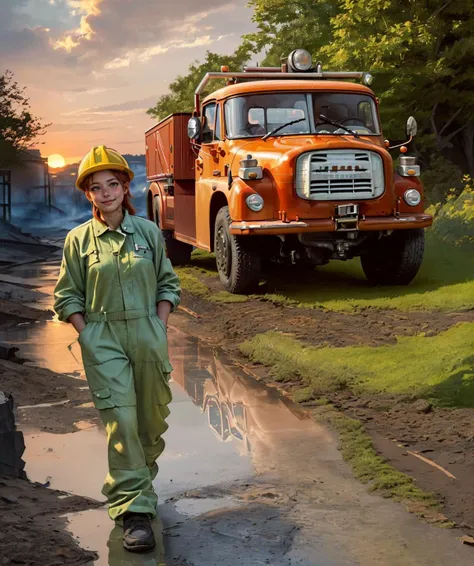 raw, spring, detailed,  strormy clouds, cinematic, mist, volumetric lights 
 (happy mature woman:1.2) smirking , ginger hair, green eyes, wrench,  fireman jumpsuit, fireman hardhat, sky, detailed, background construction site, sandstone boulders  BREAK
 (construction red firemen firetruck tatra148:1.1) red-white shiny, new  <lyco:tatra148-loha:.78>,  dynamic view, sandstone old buildings landscape, water puddles on road  sandstone old rock , detailed, weathered rocks, trees BREAK sandstone old rock , detailed, weathered rocks, trees
 <lora:sandstoneold:0.051> <lora:entropy-alpha:.051>