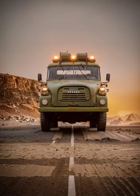 raw, tatra148 construction truck, gravel desert rocky serengeti, epic, absurdres, cinematic, dynamic view angle, volumetric lights, mist, cinematic, dutch angle, quarry, dust, volumetric lights, wet road after rain, mist, sunset, sun low on horizon, clouds <lyco:tatra148-loha:0.85>
