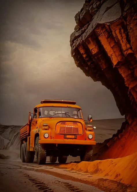 raw, orange tatra148 fueltruck, sand desert rocky quarry, epic, absurdres, cinematic, dynamic view angle, volumetric lights, mist, cinematic, dutch angle, quarry, dust, volumetric lights, wet road after rain, mist, sunset, sun low on horizon, clouds <lyco:tatra148-loha:0.85>
