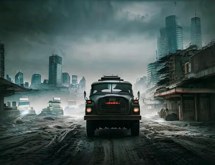 raw, black ( tatra148 truck with (concrete mixing drum:1.1), cyberpunk city , streets, dark, shanghai, epic, absurdres, cinematic, dynamic view angle, volumetric lights, mist, cinematic, dutch angle, dust, volumetric lights, wet highway , mist, clouds <lyco:tatra148-loha:0.89>