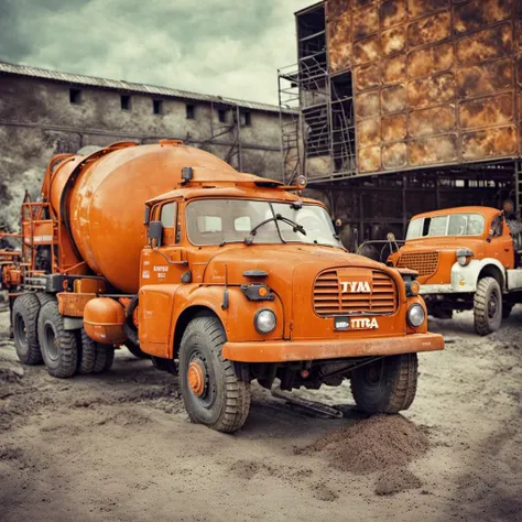 cinematic film still   tatra148 orange cement truck with aggitator , rusty, construction site, workers <lora:Tatra148-SDXL-b:1> <lora:Grit-SDXL:1> . shallow depth of field, vignette, highly detailed, high budget Hollywood movie, bokeh, cinemascope, moody, epic, gorgeous, film grain, grainy