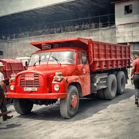 analog film photo   tatra148, red, empty cargo bed <lora:Tatra148-SDXL-b:1> <lora:Grit-SDXL:1> , (crowd of people:1.1), construction workers . faded film, desaturated, 35mm photo, grainy, vignette, vintage, Kodachrome, Lomography, stained, highly detailed, found footage