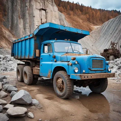 cinematic photo   blue construction truck, rusty, stone quarry <lora:Tatra148-SDXL-b:1> . 35mm photograph, film, bokeh, professional, 4k, highly detailed