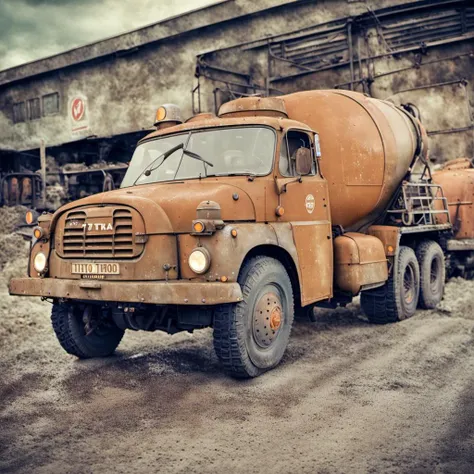 cinematic film still   tatra148 cement truck with aggitator , rusty, highroad <lora:Tatra148-SDXL-b:1> <lora:Grit-SDXL:1> . shallow depth of field, vignette, highly detailed, high budget Hollywood movie, bokeh, cinemascope, moody, epic, gorgeous, film grain, grainy