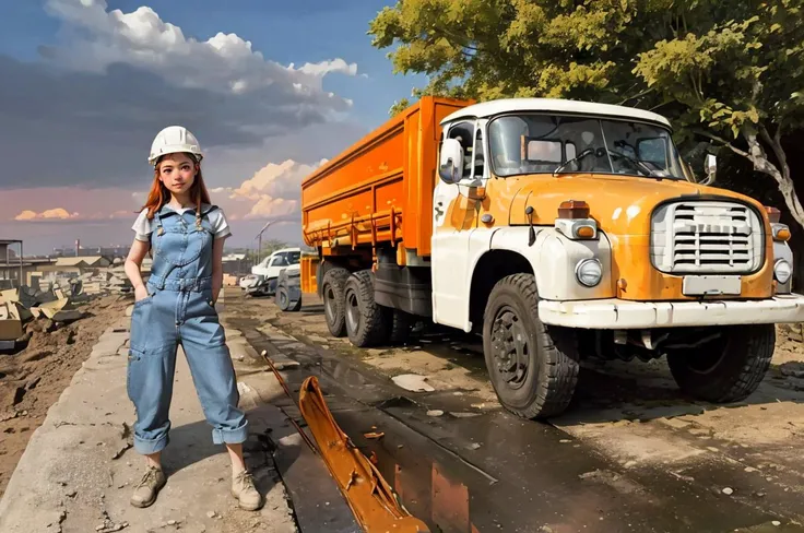 raw, spring sunset, detailed, strormy clouds, cinematic, mist, volumetric lights
(happy mature woman:1.2) smirking , ginger hair, wrench, construction worker denim jumpsuit, yellow hardhat, sky, sun low on horizon, detailed, background construction site, sandstone boulders BREAK
(construction orange truck tatra148:1.1) shiny, new <lyco:tatra148-loha:.75>, dynamic view, sandstone old buildings landscape, water puddles on road sandstone old rock , detailed, weathered rocks, trees
<lora:sandstoneold:0.1> <lora:entropy-alpha:.1>