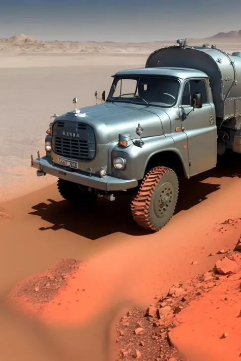 raw, summer hot, strormy clouds, cinematic, mist, volumetric lights BREAK
(fuel tanker truck tatra148 silver chrome:1.1) shiny, dusty sand new <lyco:tatra148-loha:.75>, dynamic view, mars desert landscape BREAK mars rover, detailed, rocks, mars desert