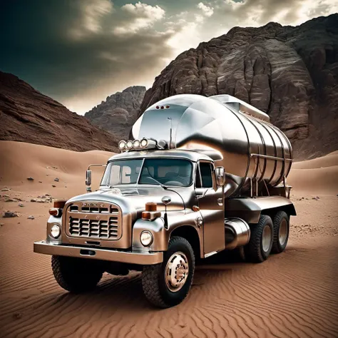 cinematic photo analog film photo scifi( shiny chrome metallic truck:1.1), strormy clouds, cinematic, mist, volumetric lights shiny, dusty sand new, dynamic view, mars desert landscape, detailed, rocks, mars desert
 <lora:Tatra148-SDXL-b:1> . faded film, desaturated, 35mm photo, grainy, vignette, vintage, Kodachrome, Lomography, stained, highly detailed, found footage . 35mm photograph, film, bokeh, professional, 4k, highly detailed