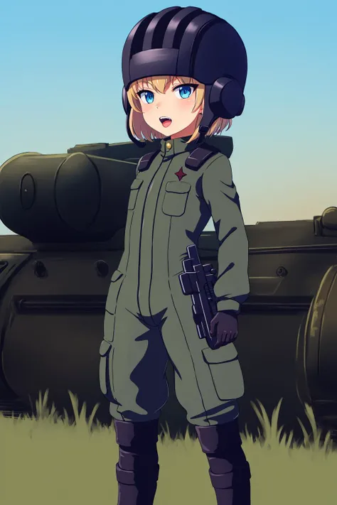 masterpiece, highest quality, best quality, 1girl, solo, looking at viewer,
katyusha, black footwear, black gloves, black headwear, blonde hair, blue eyes, girls und panzer, gloves, green jumpsuit, gun, helmet, jumpsuit, military uniform, short hair, short jumpsuit, tank helmet, uniform, <lora:my_katyushaGUP_v1:0.6>
lozhkin, accurate teeth with gaps, mouth open <lora:lozhkin_V1:0.2>