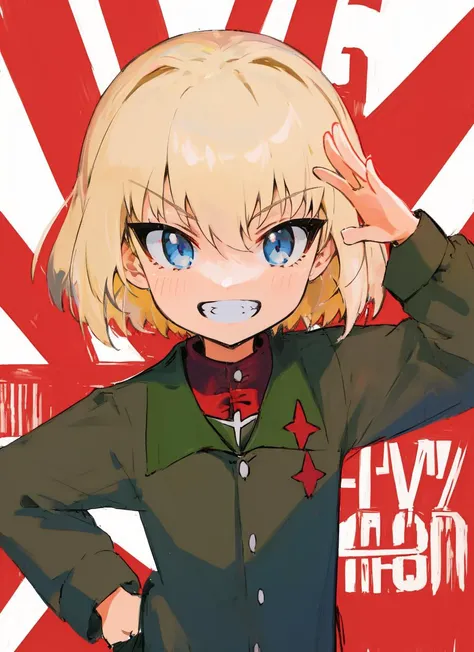 masterpiece, highest quality, best quality, 1girl, solo, looking at viewer,
katyusha, blonde hair, blue eyes, girls und panzer, pravda school uniform, school uniform, short hair, <lora:my_katyushaGUP_v1:0.7>
lozhkin, grin, accurate teeth with gaps <lora:lozhkin_V1:0.1>