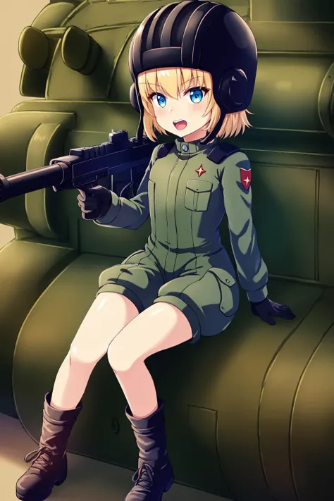 masterpiece, highest quality, best quality, 1girl, solo, looking at viewer,
katyusha, black footwear, black gloves, black headwear, blonde hair, blue eyes, girls und panzer, gloves, green jumpsuit, gun, helmet, jumpsuit, military uniform, short hair, short jumpsuit, tank helmet, uniform, <lora:my_katyushaGUP_v1:0.6>
lozhkin, accurate teeth with gaps, mouth open <lora:lozhkin_V1:0.2>