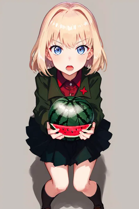 masterpiece, highest quality, best quality, 1girl, solo, looking at viewer, (holding watermelon:1.2),
katyusha, blonde hair, blue eyes, girls und panzer, pravda school uniform, school uniform, short hair, <lora:my_katyushaGUP_v1:0.6>
lozhkin, accurate teeth with gaps, mouth open <lora:lozhkin_V1:0.2>