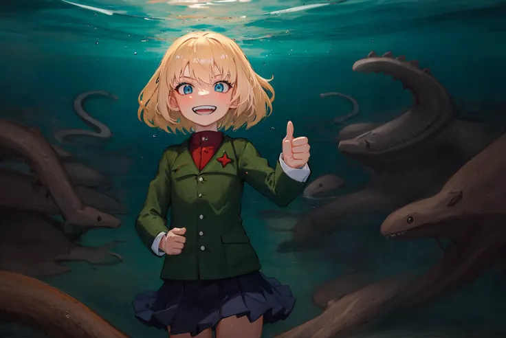 masterpiece, highest quality, cowboy shot, best quality, 1girl, solo, looking at viewer, ((head over water)), ((body under water)), Head focus, (thumb up:1.2),
katyusha, blonde hair, blue eyes, girls und panzer, pravda school uniform, school uniform, short hair, <lora:my_katyushaGUP_v1:0.6> lake, water, (green colored water:1.1), (swamp:1.2),
lozhkin, (grin:1.1), accurate teeth with gaps, open mouth, <lora:lozhkin_V1:0.3>