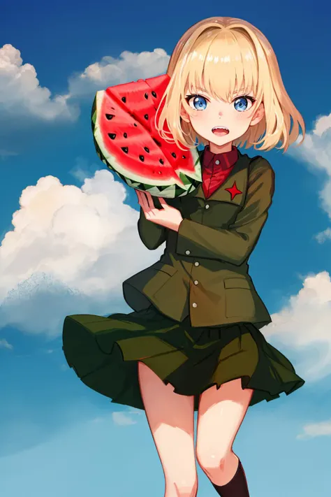 masterpiece, highest quality, best quality, 1girl, solo, looking at viewer, (holding watermelon:1.2),  
katyusha, blonde hair, blue eyes, girls und panzer, pravda school uniform, school uniform, short hair, <lora:my_katyushaGUP_v1:0.6> 
lozhkin, accurate teeth with gaps, mouth open <lora:lozhkin_V1:0.2>