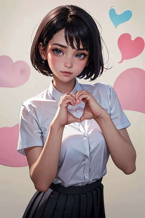 (masterpiece, best quality), 1girl, beautiful face,  <lora:heart-hands:1> heart hands, own hands together, short hair, white shirt, pleated skirt,