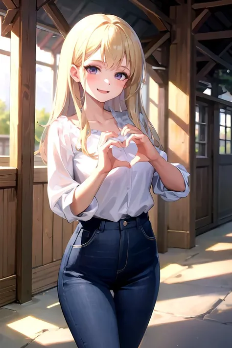 masterpiece, best quality, highres, 1girl, (heart hands, own hands together:1), blouse, smile, happy, Jeggings <lora:heart-hands:0.9>