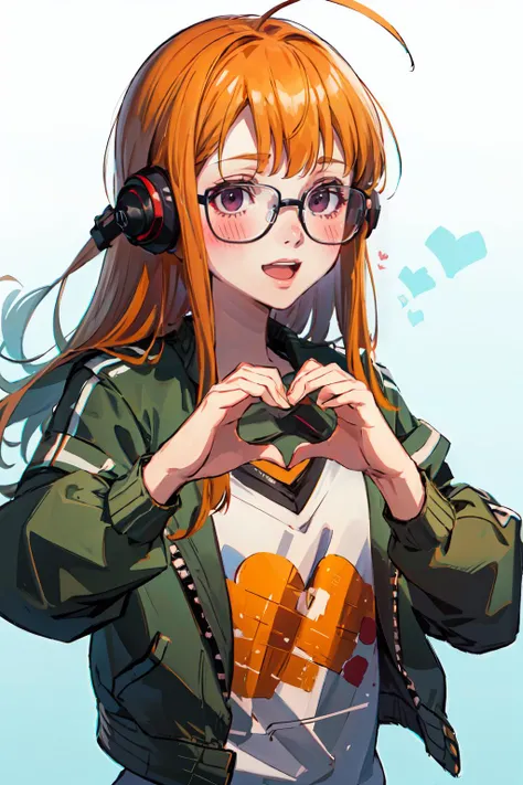 <lora:heart-hands:0.9> heart hands, own hands together, <lora:dsfutaba-v2_lc_768:1> dsfutaba, orange hair, long hair, blunt bangs, ahoge, purple eyes, glasses, headphones, smile, blush, green jacket, open jacket, white shirt, facing viewer, full-face blush, open mouth,, ultra detailed, masterpiece, best quality, aesthetic, detailed,