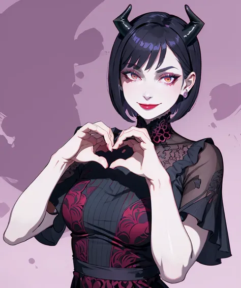 (heart hands, own hands together:1.1), mature female,  dress, demon horns, smug, evil smile, lips, looking at viewer,  <lora:heart-hands:0.9>, short hair,