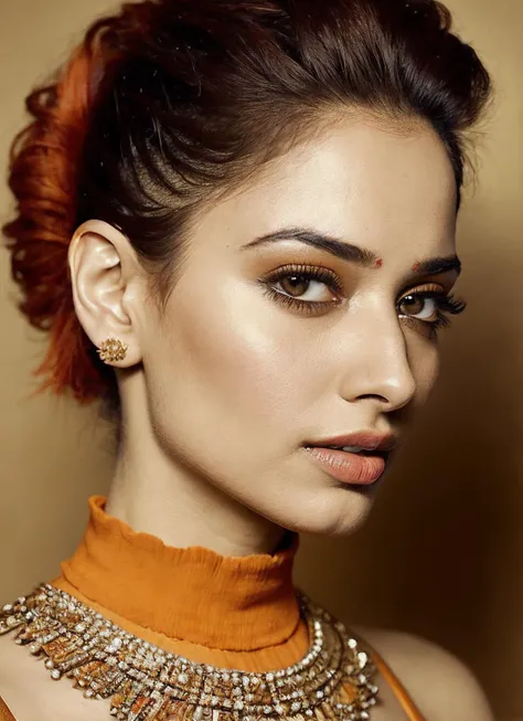 portrait of sks woman by Flora Borsi, style by Flora Borsi, bold, bright colours, orange Mohawk haircut, ((Flora Borsi)), <lora:locon_tamannabhatia_v1_from_v1_64_32:1>