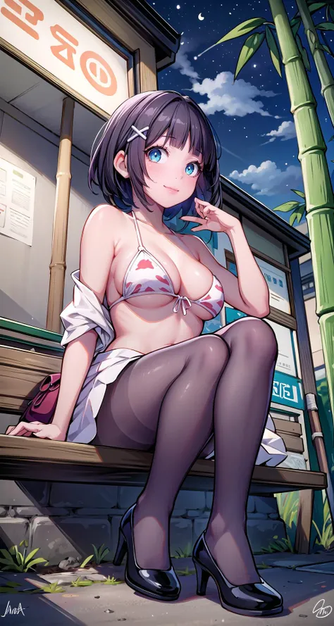 (masterpiece),(intricate details),1girl,mature female,huge breasts,
BREAK
detectivesiesta, <lora:siesta:1>, smile, short hair, bangs, blue eyes, hair ornament, micro bikini, bow, white hair, hairclip, blunt bangs, , , x hair ornament, , siesta,
pantyhose,high heels,depth of field,looking at viewer,random view,((sit on the , A_path_through_a_dense_bamboo_forest,)),((full body)),smile,
BREAK
moon,night,meteor,hanabi,bus stop,((cumulonimbus)),from below:1.3,
