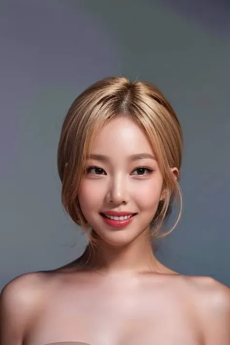 (masterpiece, top quality, best quality, (close-up photograph: 2), ((1girl)), fair skin, (((closed lips))), small eyes, (extremely detailed face), looking straight, ultra-detailed eyes and pupils, ((bare pectorals)), ((bare chest)), bare head, nude dress, (((bare shoulders))), symmetrical frame, ((strapless)), (((smile))), ((symmetrical pose)), looking at viewer, (((looking at viewer))), (symmetrical face: 1.6), 35mm, simple grey background, ((studio lighting)), no watermark, ((long light pink hair)),<lora:hinatalorashy:0.85>