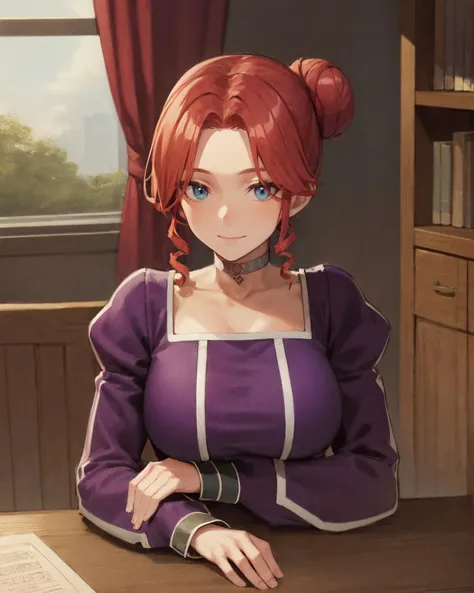 best quality, (masterpiece:1.2), illustration, absurdres,
(1girl, solo, beautiful detailed girl), (upper body, portrait),
<lora:Sophia-08:0.9>, Sophia Hayworth, red hair, blue eyes, single hair bun, hair bun, drill hair, large breasts,
choker, (purple dress:1.1), long dress, long sleeves, puffed sleeves,
looking at viewer, gentle smile,
inside elegant bedroom, night, window, curtain, starry sky, lamp, bookcase, nightstand, vase, desk,