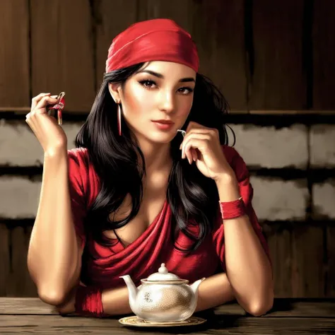 ((a woman drinking tea in an old tavern))<lora:ElektraLoRA:0.8> 1girl, black hair, red clothes, solo, breasts, bandana, makeup, large breasts,  jewelry, earrings, gloves, boots, ninja, beautiful eyes, beautiful girl, high detail skin, high detail eyes, high detail hair, highres, ultra detailed, sharpen picture, Highly detailed, masterpiece, best quality,