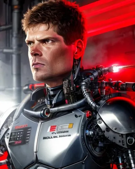 <lora:more_details:0.3> highres, very detailed, masterpiece,, 4k, 8k, realistic, 1man, jan_ullrich, cyborg, mechanic compound, metal, robot, terminator, half top body, red led eyes, military clothes<lora:jan_ullrich-000007:1>