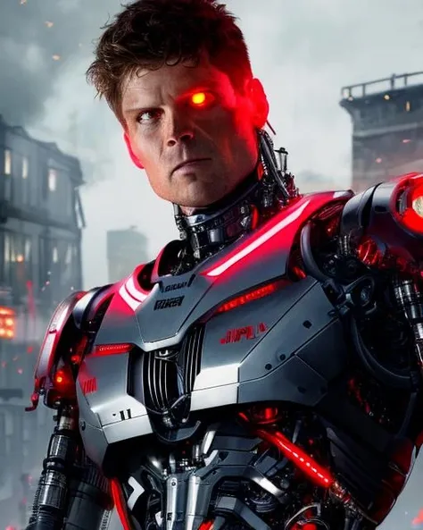 <lora:more_details:0.3> highres, very detailed, masterpiece,, 4k, 8k, realistic, 1man, jan_ullrich, cyborg, mechanic compound, metal, robot, terminator, half top body, red led eyes, military clothes<lora:jan_ullrich-000007:1>