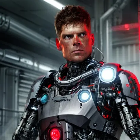 <lora:more_details:0.3> highres, very detailed, masterpiece,, 4k, 8k, realistic, 1man, jan_ullrich, cyborg, mechanic compound, metal, robot, terminator, half top body, red led eyes, military clothes, creepy, horror<lora:jan_ullrich-000007:1>