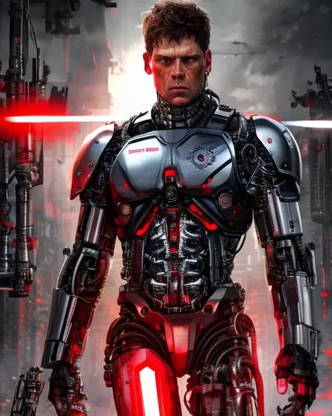 <lora:more_details:0.3> highres, very detailed, masterpiece,, 4k, 8k, realistic, 1man, jan_ullrich, cyborg, mechanic compound, metal, robot, terminator, half top body, red led eyes, military clothes, creepy, horror<lora:jan_ullrich-000007:1>