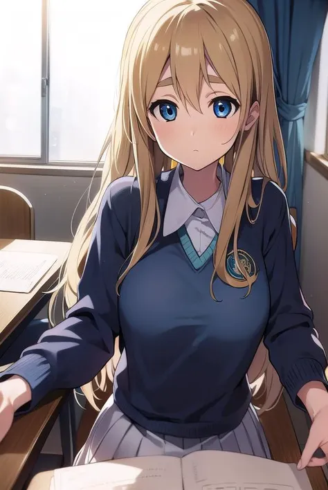 tsumugikotobuki, <lyco:tsumugikotobuki-LYCORIStest:1>,
tsumugi kotobuki, blonde hair, blue eyes, long hair,
BREAK sakuragaoka high school uniform, school uniform,
BREAK looking at viewer,
BREAK indoors, classroom,
BREAK <lora:GoodHands-vanilla:1>, (masterpiece:1.2), best quality, high resolution, unity 8k wallpaper, (illustration:0.8), (beautiful detailed eyes:1.6), extremely detailed face, perfect lighting, extremely detailed CG, (perfect hands, perfect anatomy),