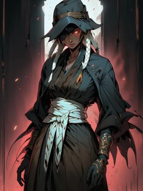 RAW photo, (intricate details, high detailed skin, detailed eyes:1.1), best quality, 8k uhd, soft lighting, sideboob, short hair with long locks, hip vent, short hair, small breasts, (brown eyes:1.1), black hakama, no bra, gloves, hakama skirt, low twin braids, sash, glowing eyes <lora:SoiFon:1> <lora:Bloodborne:1>