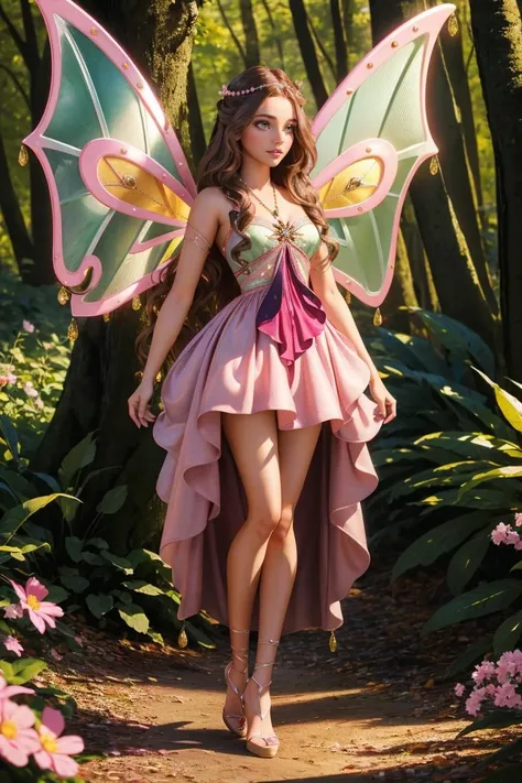 cinematic composition, professional full body shot photo of Flora,dress, pink wings, sparkling clothing, green eyes, brown hair,
detailed skin, detailed eyes, finely detailed hair,
volumetric light, highrez, masterpiece, best quality,
fantasy forest,
<lora:WinxClubEnchantixFlora-10:0.65:MIDD>