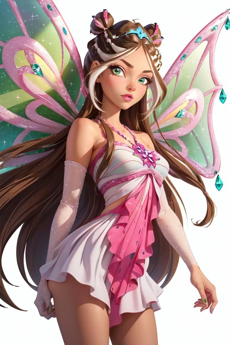 (Flora:1.5), dress, pink and green fairy wings, sparkling clothing, brown hair, green eyes, long hair, (solid white background:1.5), (realistic:1.2), (masterpiece:1.2), (full-body-shot:1),(Cowboy-shot:1.2), neon lighting, dark romantic lighting, (highly detailed:1.2),(detailed face:1.2), (gradients), colorful, detailed eyes,, (natural lighting:1.2), solo <lora:WinxClubEnchantixFlora-10:0.9> <lora:add_detail:0.3> <lora:BeautifulEyes:0.6>