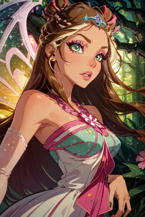(Flora:1.5), dress, wings, sparkling clothing, brown hair, green eyes, long hair, forest background, pink flowers, soft lighting, (realistic:1.2), (masterpiece:1.2), (full-body-shot:1),(Cowboy-shot:1.2), neon lighting, dark romantic lighting, (highly detailed:1.2),(detailed face:1.2), (gradients), colorful, detailed eyes,, (natural lighting:1.2), solo <lora:WinxClubEnchantixFlora-10:0.9> <lora:add_detail:0.3> <lora:BeautifulEyes:0.6>
