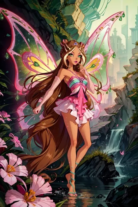 (Flora:1.5), dress, wings, sparkling clothing, brown hair, green eyes, long hair, (green and pink gradient background:1.2), (realistic:1.2), (masterpiece:1.2), (full-body-shot:1),(Cowboy-shot:1.2), neon lighting, dark romantic lighting, (highly detailed:1.2),(detailed face:1.2), (gradients), colorful, detailed eyes,, (natural lighting:1.2), solo <lora:WinxClubEnchantixFlora-10:0.9> <lora:add_detail:0.3> <lora:BeautifulEyes:0.6>