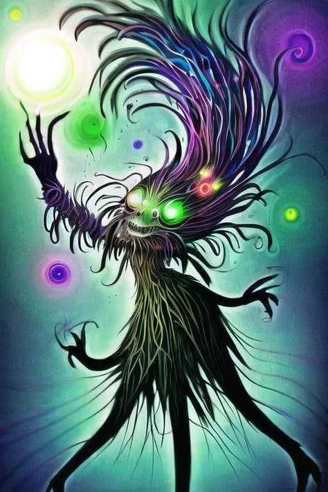 featuring mythical creatures, dark glass skin, swirling bubbles, graceful, rainbow clothes, style-paintmagic, glowing bubbles, solar system, rainbow hair, floating sparkling particles