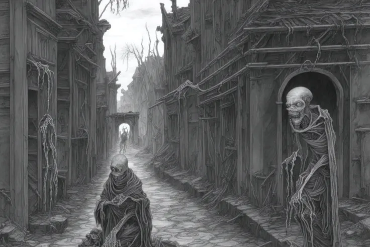 nghtmre (zombie), decayed, crawling through street, insane details