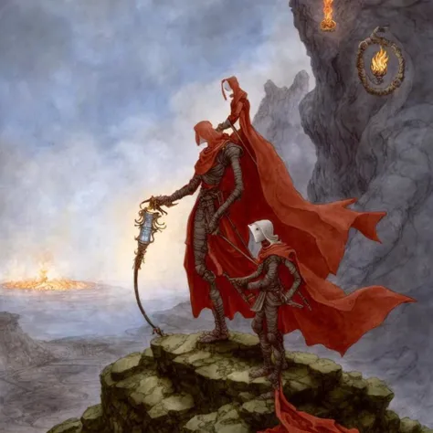 nghtmre, Dante's Hell, fire, demons, inside the infernal crater, highly detailed, Virgil wearing a long tunic standing in front of Dante with a torch in his hand, perfect photo, clean scene, hard light, high resolution photo, 4k