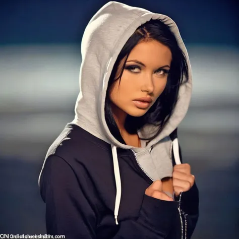 a glamour photo of 22-year-old veronika zemanova zeman0va woman wearing a hoodie at a beach at night, <lora:zeman0va:1>, studio lighting,