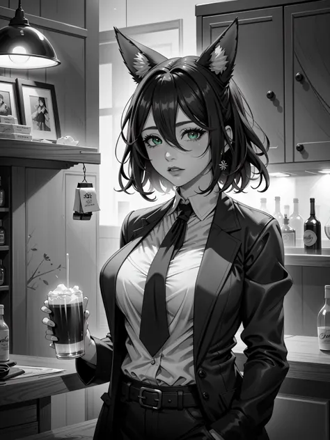 (masterpiece:1.2, best quality:1.1, highres,absurdres, high quality),(photorealistic:1.1),reflected light, colorful,ultra-detailed,8k, ultra hd, super detailed,
tingyunhsr,1girl,large breasts, animal ears, hair between eyes, green eyes, brown hair, fox tail,necktie, formal suit, collared shirt, jacket, white shirt, cowboy shot, , bar, cup, film noir,greyscale, monochrome,film noir black and white style,
<lora:tingyunhsr:0.6> <lora:GoodHands-vanilla:1> <lora:Femme_Noir_SD1-5_r1_batch5_30_epoch:0.4>