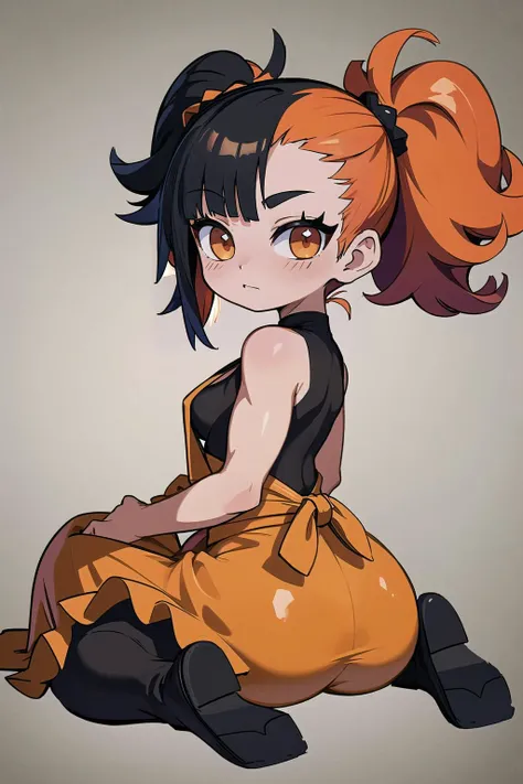 adorable,chibi,cute, from behind, squat, (masterpiece, best_quality, ultra-detailed, immaculate:1.3), epic, illustration, rough digital painting, (full body:1.2), 1girl, cleavage, solo, [:epic costume design,:0.2] warpriest, dark orange silk trousers, apron, chinese, bombshell orange hair, Space Buns,hime cut, (muscular:1.3) build, simple background, moba character concept art, on top of a Australian skyscraper, bombshell hair, black hair, pointy hair,Afro, sitting on person<lyco:EnvyCuteMix12:1>