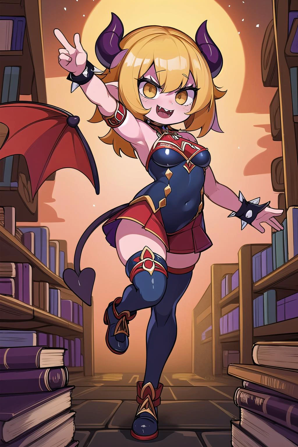 cute,adorable, (masterpiece, best_quality, ultra-detailed, immaculate:1.3), epic, illustration, 1girl, (demonic, infernal, evil:1.25), (full body:1.3), bombshell hair, (spines:1.3), thighhigh boots, demonic tattoosdim lighting, , chains, shackles, , (in a (demonic:1.4) library:1.2), in an industrial park, bombshell hair, yellow hair with rainbow highlights, Bowl Cut,spiked hair, leg up<lyco:EnvyCuteMix12:1>