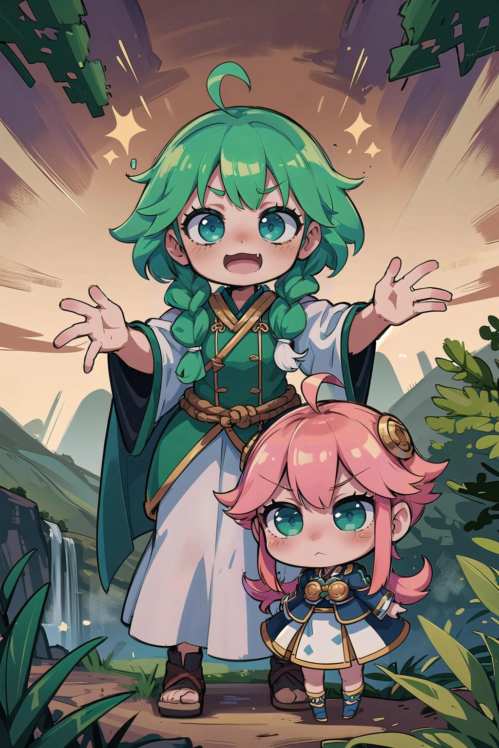 kawaii,adorable,chibi,cute, (masterpiece, best_quality, ultra-detailed, immaculate:1.3), epic, illustration, welcoming, 1girl, summoner, blue-green hair, Rope Braid, casting spell, in a subterranean, Norwegian swamp, at a vinyard, bombshell hair, iridescent copper hair, Double Waterfall Braid,twintails, bent over<lyco:EnvyCuteMix12:1>