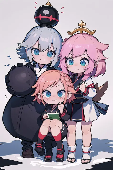 chibi,cute,kawaii, (masterpiece, best_quality, ultra-detailed, immaculate:1.3), epic, illustration, kunoichi , , shozoku,deep peach hair with blue highlights, Afro,short hair, chinese, small breasts, slim figure, full body, inugami-ke no ichizoku pose, rainy night, in the immaculate, barren frozen tundra, in a scary spring forest, bombshell hair, blue-grey hair, Lemonade Braids, letter pose<lyco:EnvyCuteMix12:1>