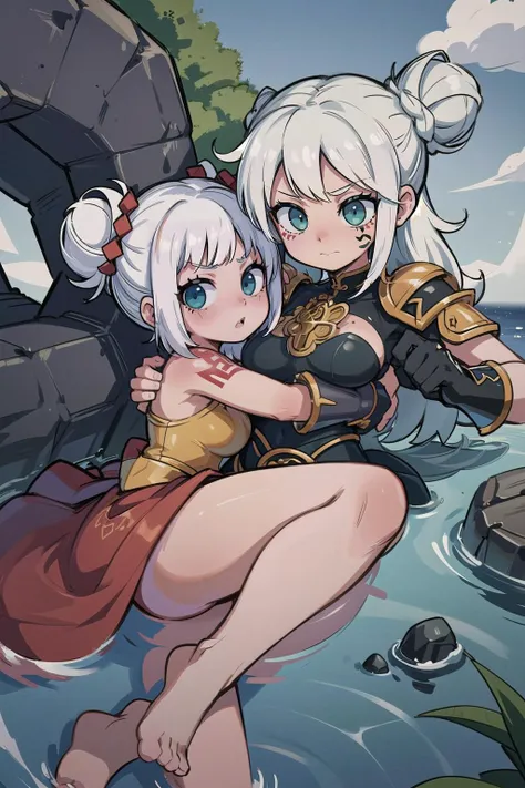 chibi,cute,adorable, 2girls, couple, hugging, (masterpiece, best_quality, ultra-detailed, immaculate:1.3), epic, illustration, 1girl, feet out of frame, fierce barbarian huntresstoned, (armor:1.3), leather pauldrons, , (celtic tattoos:1.4), goldenrod hair, Emo Cut,parted bangs, legs up, japanese, in a winery, in in the deep Korean ocean, bombshell hair, white hair, hair bun, tail hug<lyco:EnvyCuteMix12:1>